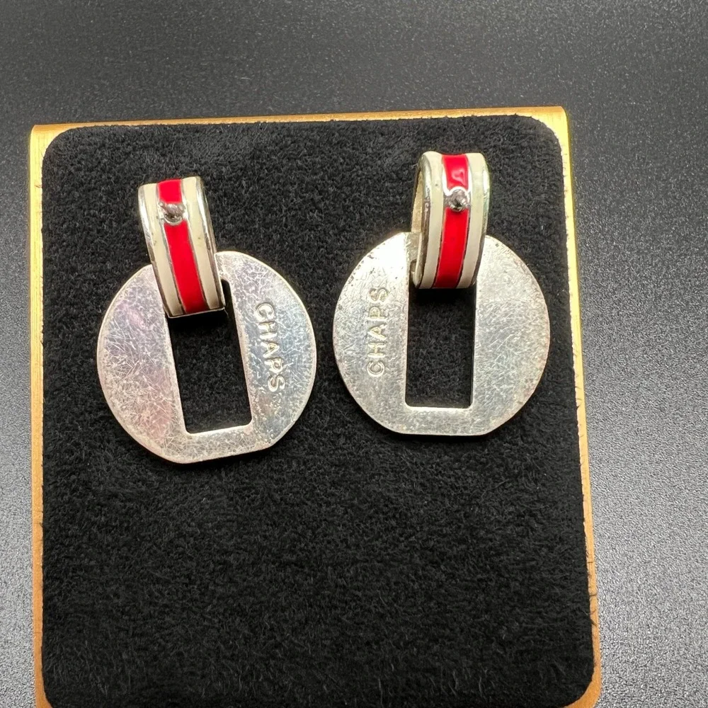 Chaps Drop Earrings Red White Enamel Silver Tone Geometric Bold Striped Nautical